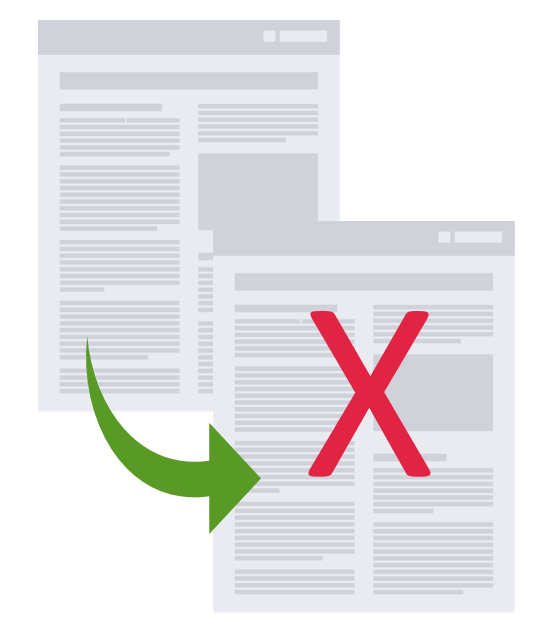picture of two copies of the same paper with an arrow leading from one to the other. The copied paper has a red X over it.